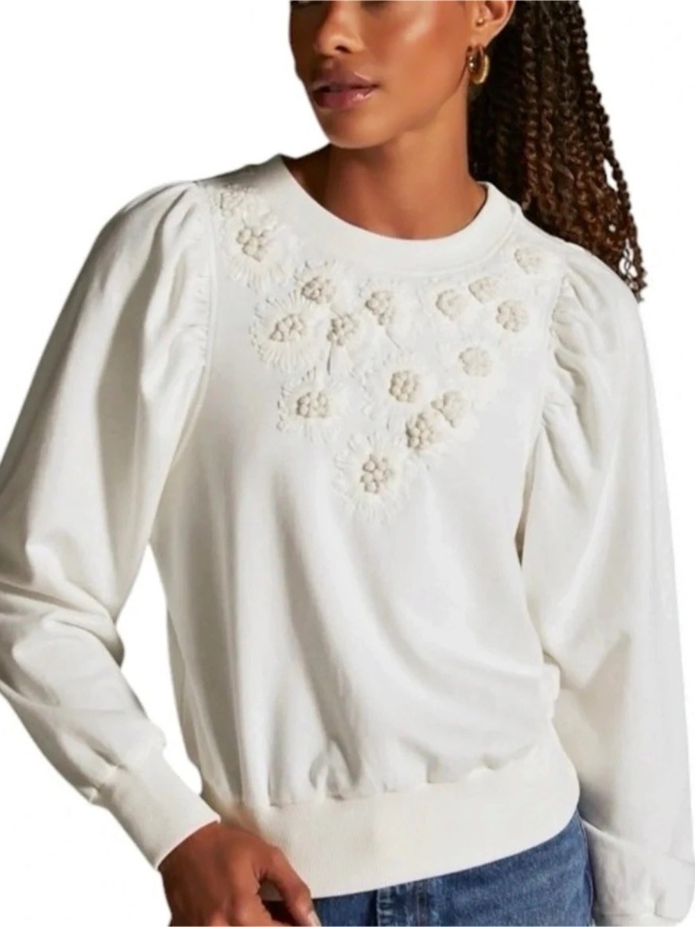 Anthropologie By Anthropologie Embroidered Puff-Sleeve Sweatshirt White Medium - Picture 1 of 5